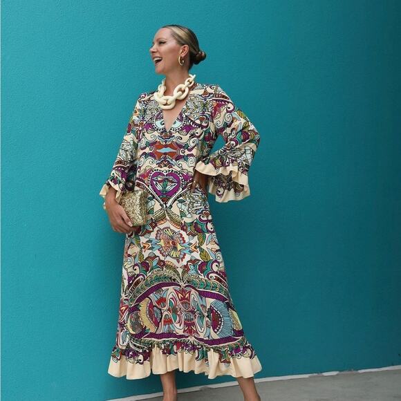 ZARA BLOGGER FAVORITE PRINTED MIDI DRESS MULTICOLORED - Picture 5 of 13